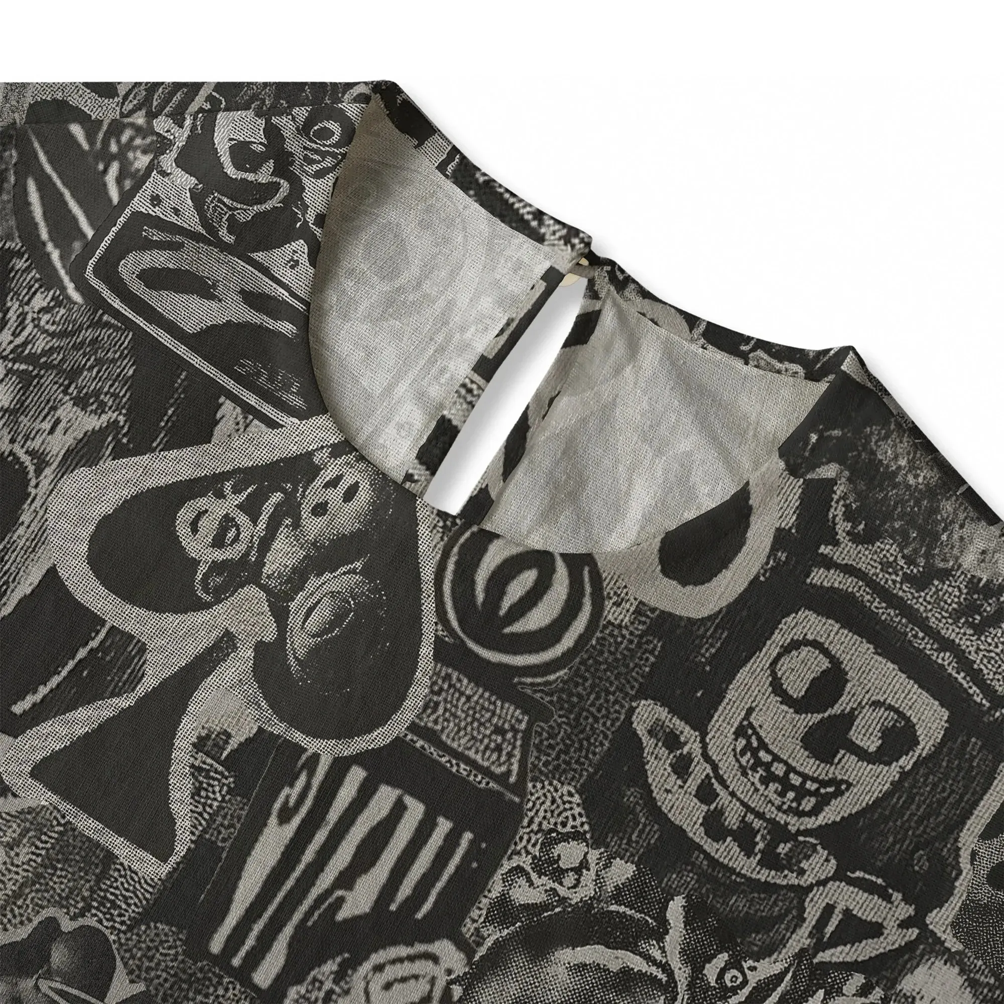 Women's Poker Skull Casual Blouse Elbow Sleeve Crew Neck Button-Back 95% Lyocell, 5% Linen Black Aloha Dark Poker Graffiti sold by Yiume product image thumbnail 2