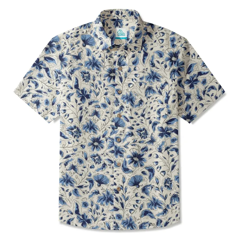 LeosWare® Men's Hawaiian Shirt Short Sleeve Button-up 100% Cotton Blue Aloha Indigo Blooms By Huan huan made by Yiume