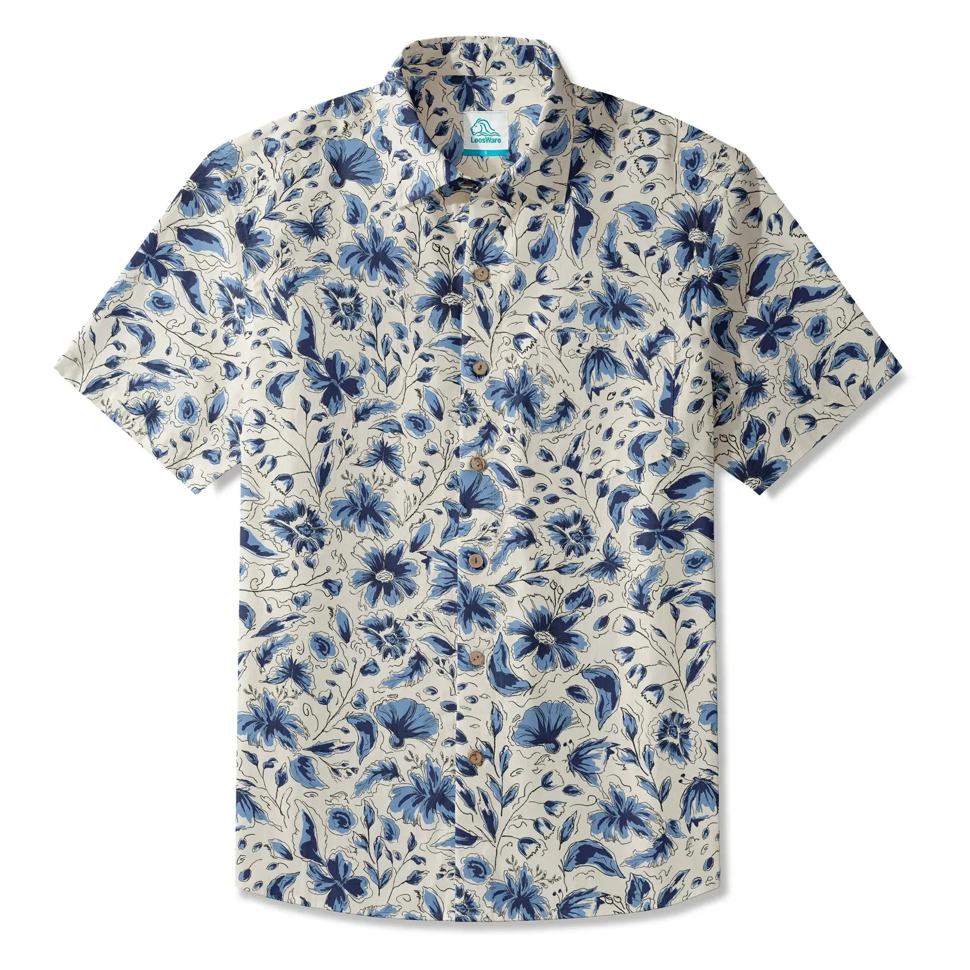 LeosWare® Men's Hawaiian Shirt Short Sleeve Button-up 100% Cotton Blue Aloha Indigo Blooms By Huan huan sold by Yiume