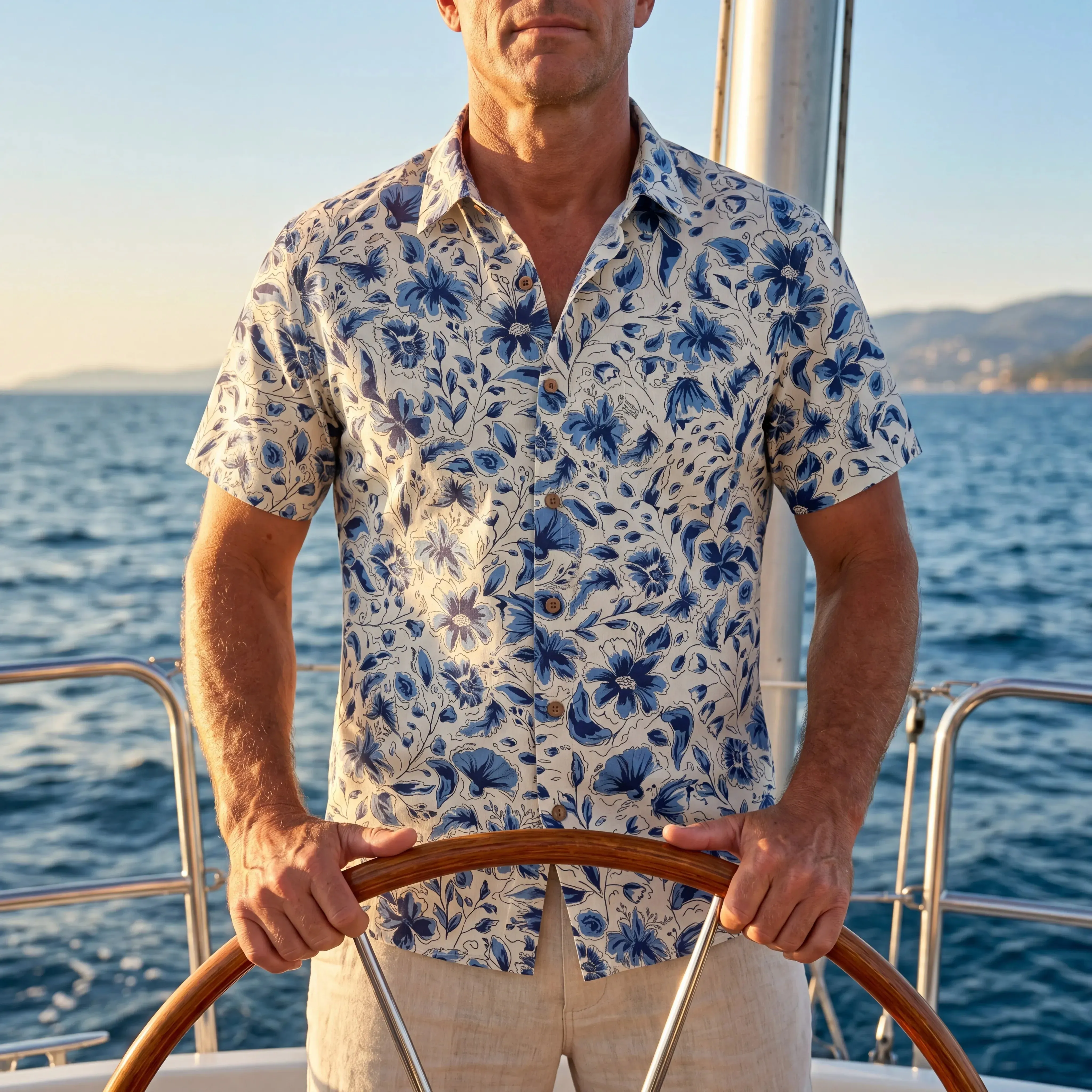LeosWare® Men's Hawaiian Shirt Short Sleeve Button-up 100% Cotton Blue Aloha Indigo Blooms By Huan huan sold by Yiume product image thumbnail 2