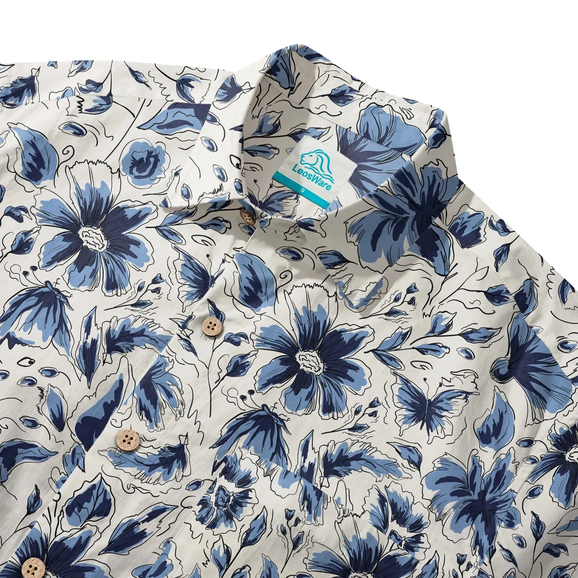 LeosWare® Men's Hawaiian Shirt Short Sleeve Button-up 100% Cotton Blue Aloha Indigo Blooms By Huan huan sold by Yiume product image thumbnail 3