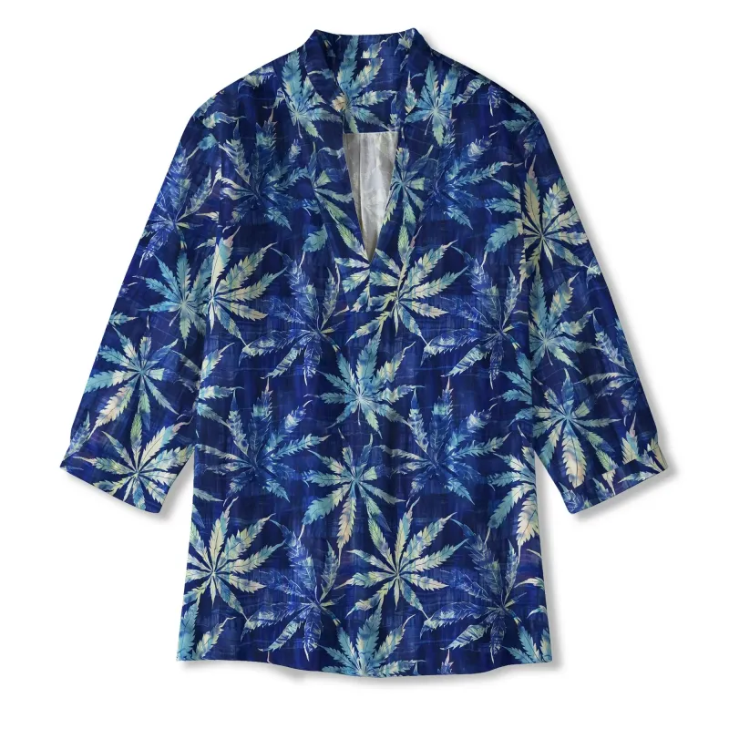 Women's Leaf Casual Blouse 3/4 Sleeve V-neck Shirt Collar 95% Lyocell, 5% Linen Blue Aloha Indigo Dyed Leaves made by Yiume