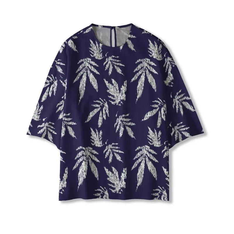 Women's Leaf Casual Blouse Elbow Sleeve Crew Neck Button-Back 95% Lyocell, 5% Linen Blue Aloha Indigo Blue Distressed Linen Leaf Pattern made by Yiume