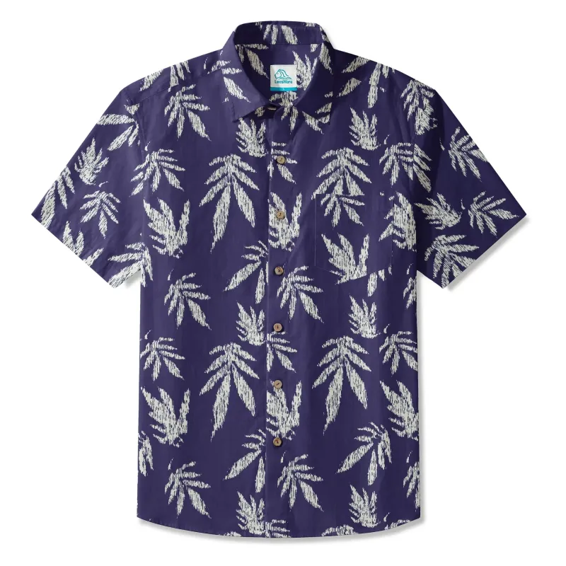 LeosWare® Men's Leaf Hawaiian Shirt Short Sleeve Button-up 100% Cotton Blue Aloha Indigo Blue Distressed Linen Leaf Pattern made by Yiume