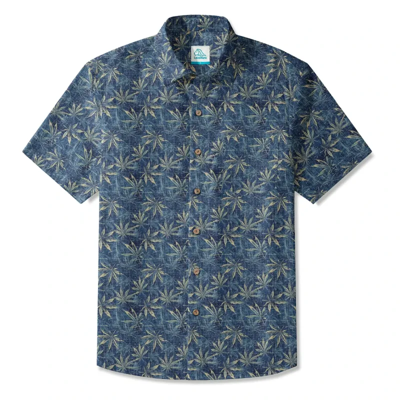LeosWare® Men's Leaf Hawaiian Shirt Short Sleeve Button-up 100% Cotton Blue Aloha Indigo Blue Linen Leaf Pattern made by Yiume