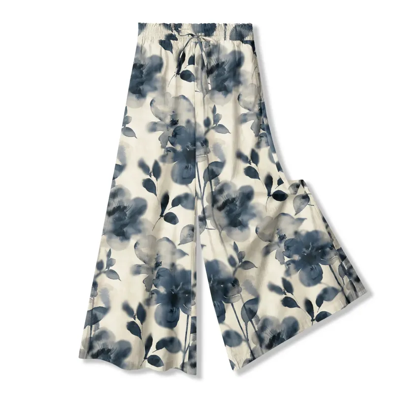 Women's Casual Floral Wide Leg Palazzo Pants Lounge Elastic Waist Drawstring with Pockets 100% Cotton Blue Aloha Blue And White Ink Charm By Ann made by Yiume