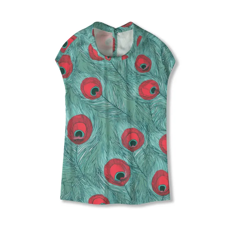 Women's Casual Blouse Cap Sleeve Fold-Over Neck Button-Back 100% Lyocell Green Aloha Crimson Iris Blue Feathers made by Yiume