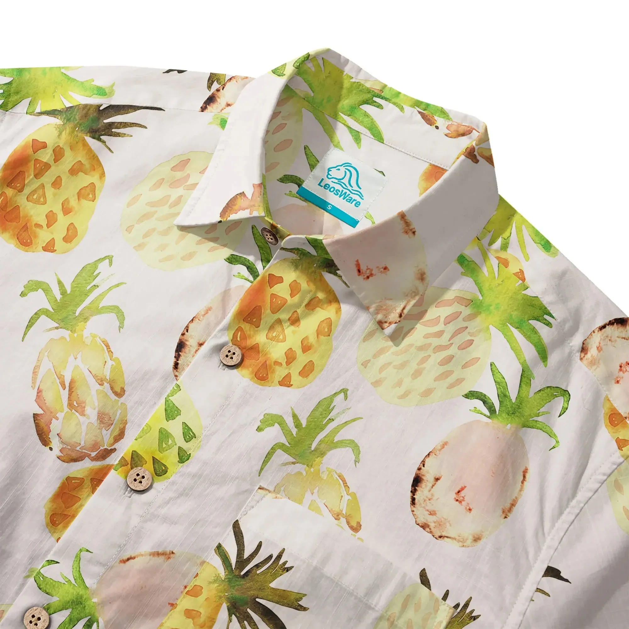 LeosWare® Men's Hawaiian Shirt Short Sleeve Button-up 100% Cotton Green Aloha Peach Citrus Pineapple Watercolor sold by Yiume product image thumbnail 3