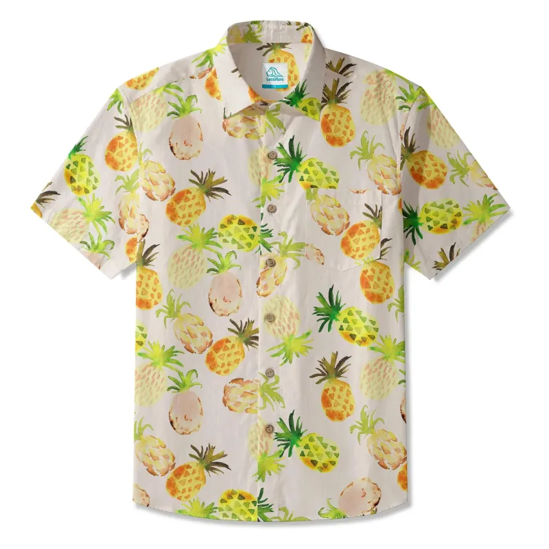 LeosWare® Men's Hawaiian Shirt Short Sleeve Button-up 100% Cotton Green Aloha Peach Citrus Pineapple Watercolor made by Yiume