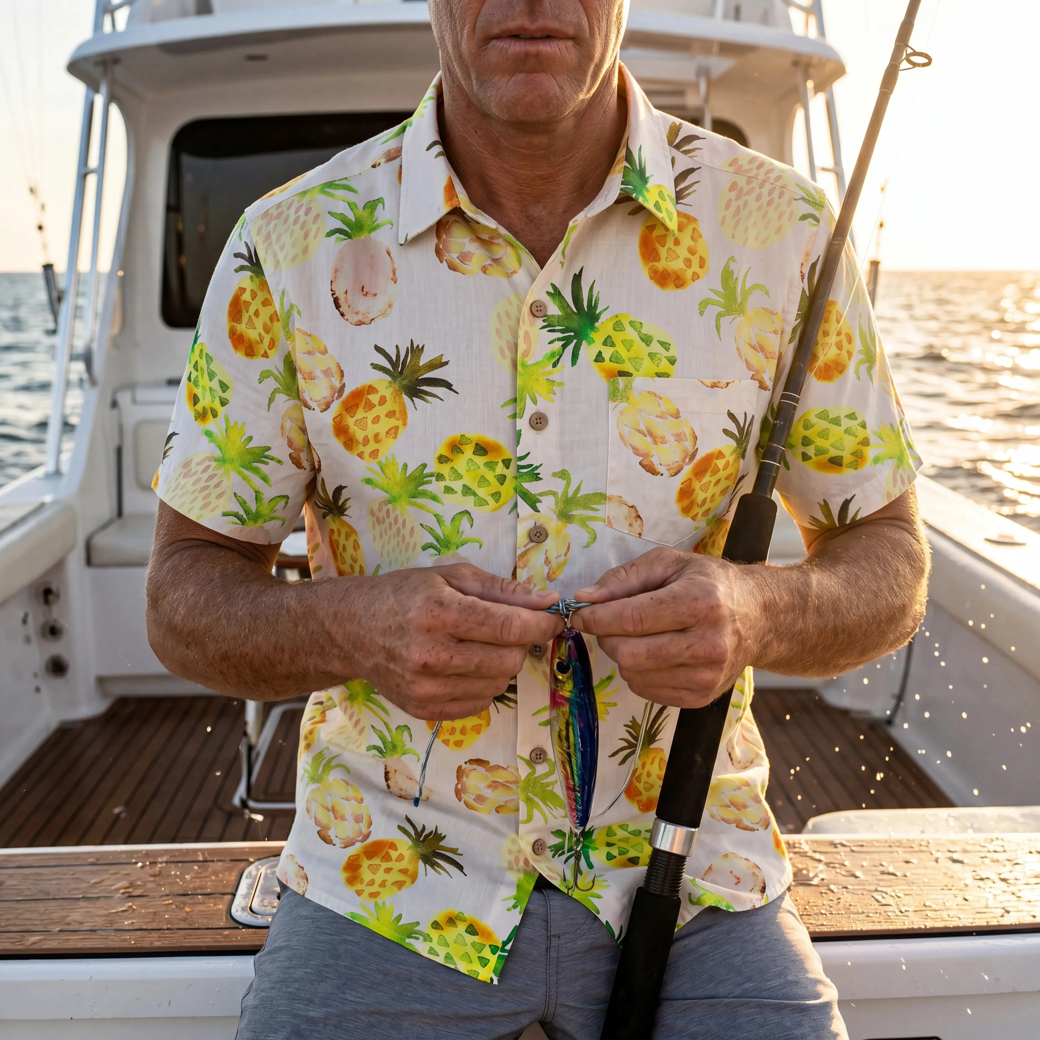 LeosWare® Men's Hawaiian Shirt Short Sleeve Button-up 100% Cotton Green Aloha Peach Citrus Pineapple Watercolor sold by Yiume product image thumbnail 2