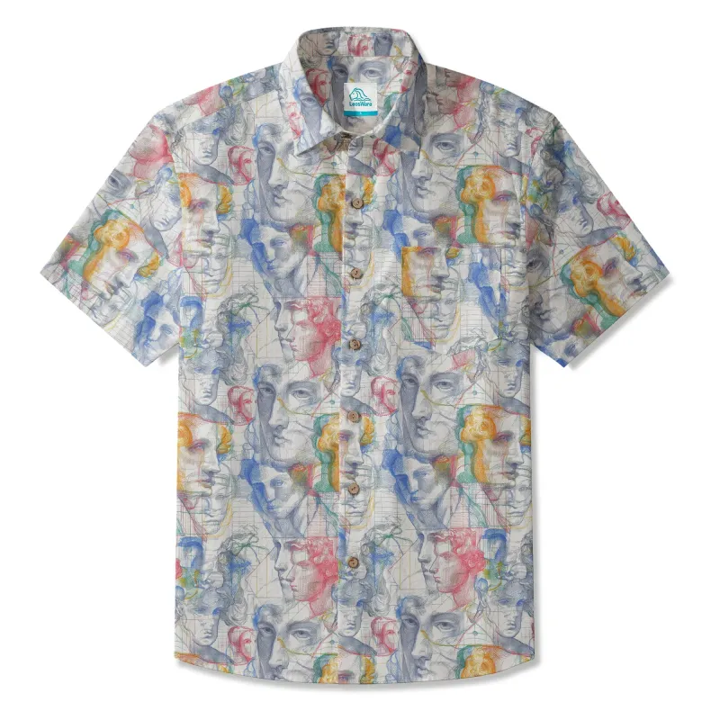 LeosWare® Men's Hawaiian Shirt Short Sleeve Button-up 100% Cotton White Aloha Master Sketch Fantasia By Ann made by Yiume