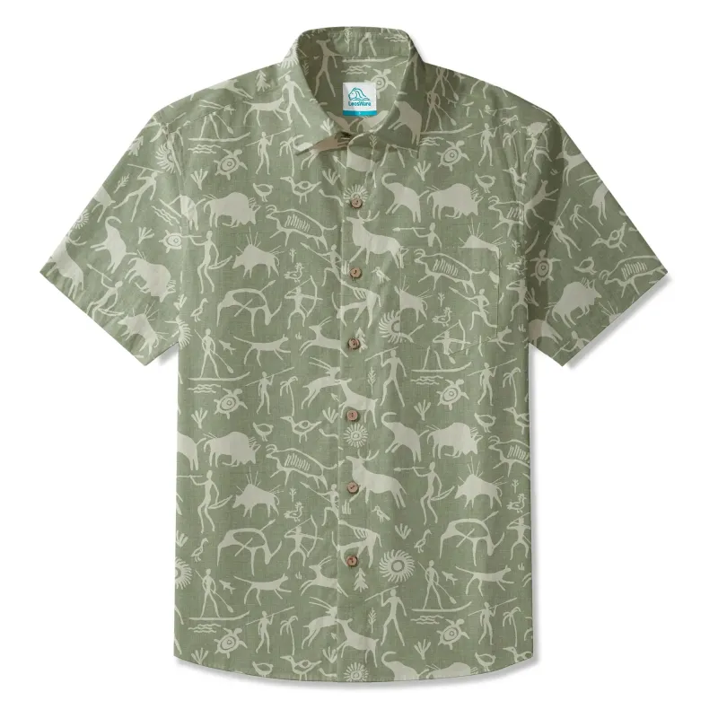 LeosWare® Men's Hawaiian Shirt Short Sleeve Button-up 100% Cotton Green Aloha Sage Green Tribal Rock Painting By Huan huan made by Yiume