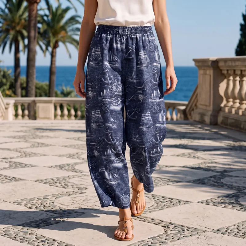 Women's Casual Ankle Pants Lounge Elastic Waist with Pockets 93% Lyocell, 7% Linen Blue Aloha Retro Nautical Logbook By Ann made by Yiume