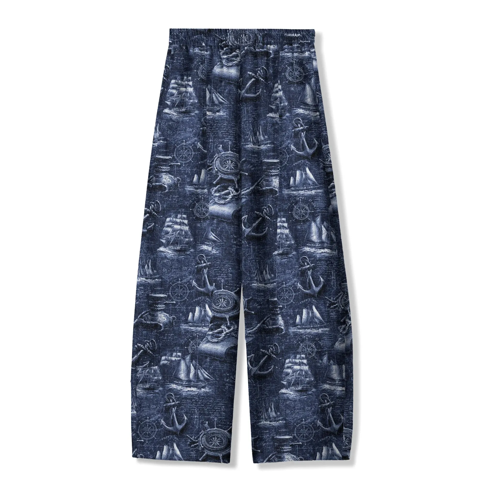 Women's Casual Ankle Pants Lounge Elastic Waist with Pockets 100% Cotton Blue Aloha Retro Nautical Logbook By Ann sold by Yiume product image thumbnail 5