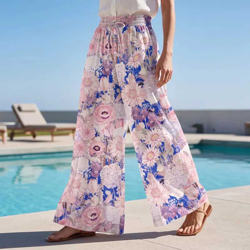Women's Casual Floral Wide Leg Palazzo Pants Lounge Elastic Waist Drawstring with Pockets 93% Lyocell, 7% Linen Blue Aloha Hidden Garden By Huan Huan made by Yiume