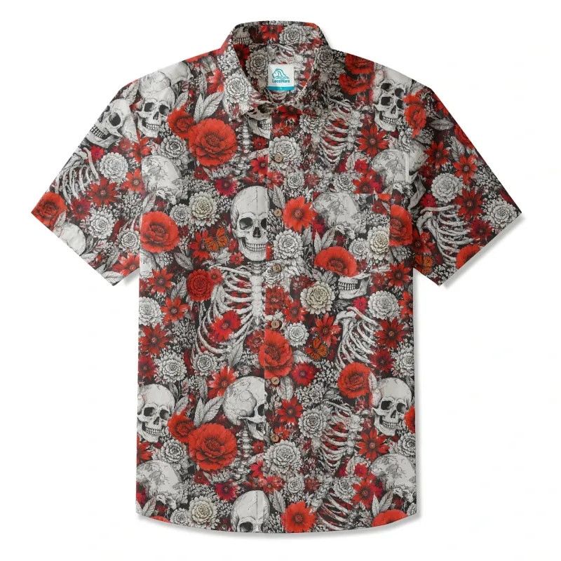 LeosWare® Men's Hawaiian Shirt Short Sleeve Button-up 100% Cotton Black Aloha Blossoms Of Bone And Blood By Huan Huan made by Yiume