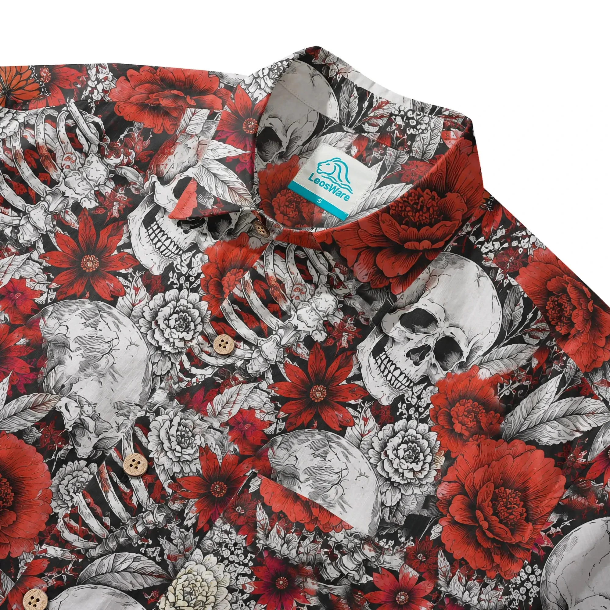 LeosWare® Men's Hawaiian Shirt Short Sleeve Button-up 100% Cotton Black Aloha Blossoms Of Bone And Blood By Huan Huan sold by Yiume product image thumbnail 3