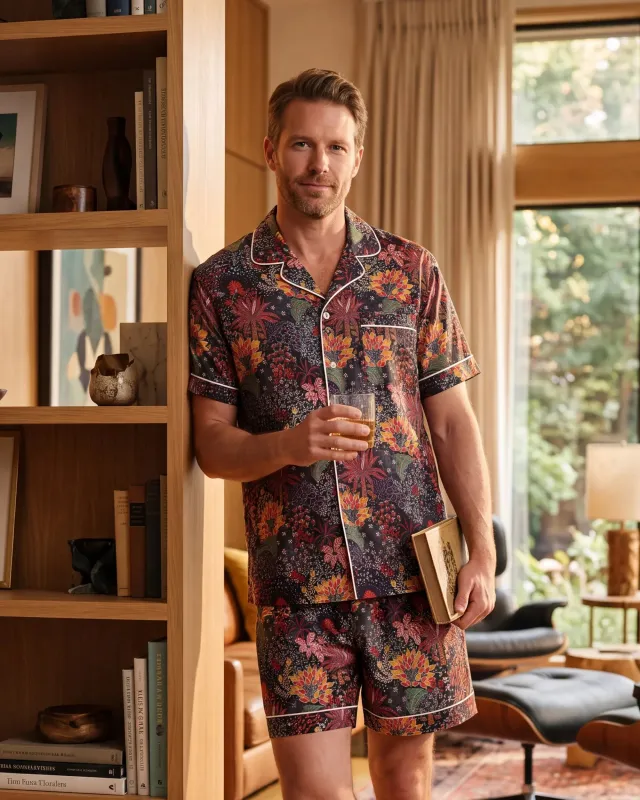 Men's Hawaiian Pajama Set Short Sleeve Camp Collar Top & Shorts with Pockets 30% Lyocell 70% Rayon Blue Aloha Quirky Plants By Sylvia made by Yiume