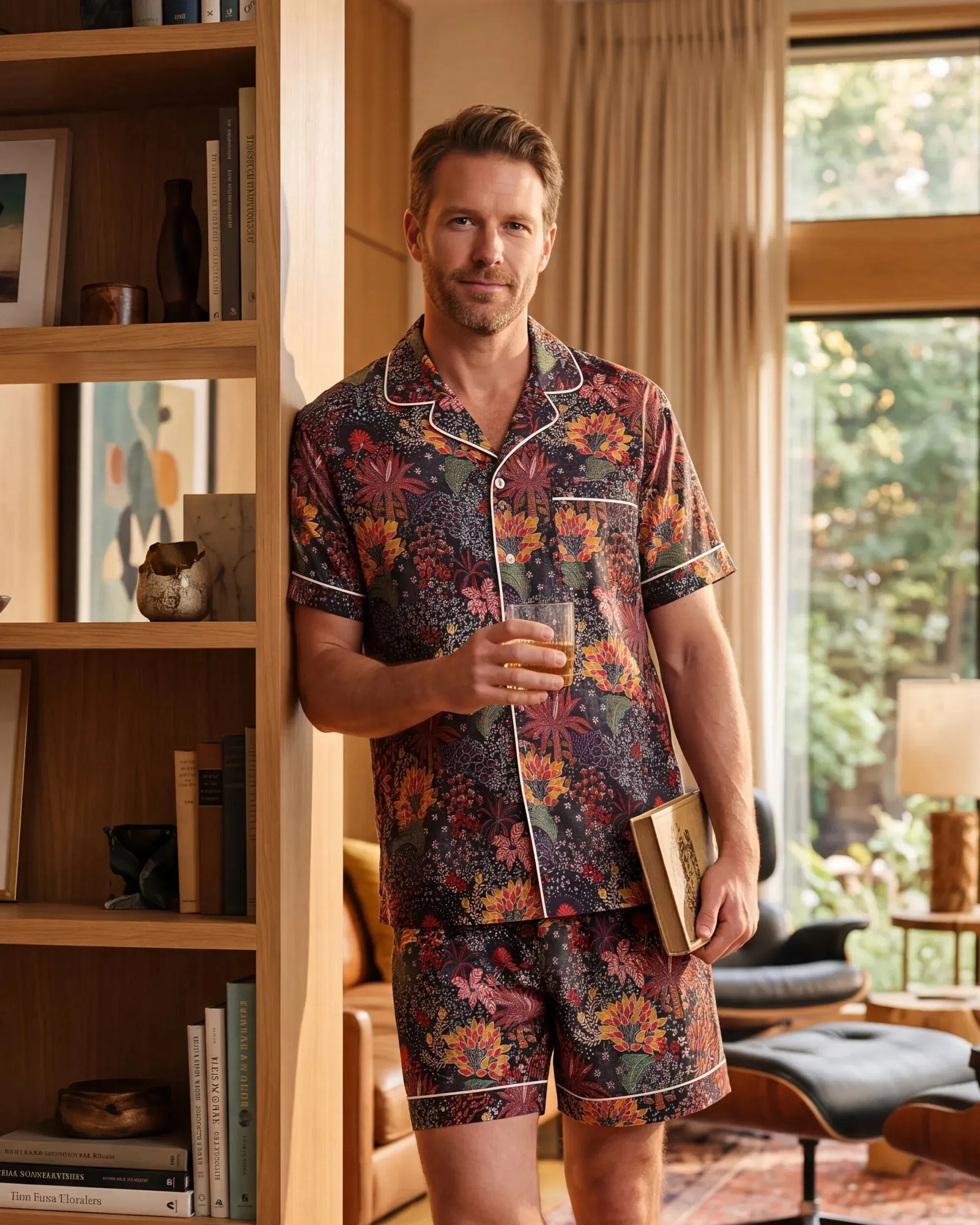 Men's Hawaiian Pajama Set Short Sleeve Camp Collar Top & Shorts with Pockets 30% Lyocell 70% Rayon Blue Aloha Quirky Plants By Sylvia sold by Yiume