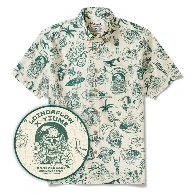 Men's Hawaiian Shirt Short Sleeve Button-down 100% Cotton Beige Aloha Anniversary Gem By Loinda Flow sold by Yiume