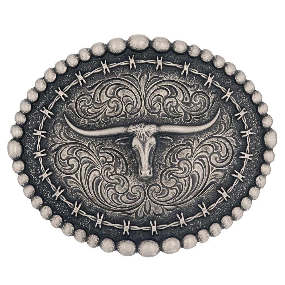 MONTANA ATTITUDE BUCKLE - RUSTIC BARBED WIRE LONGHORN sold by Bridle Path Tack Shop