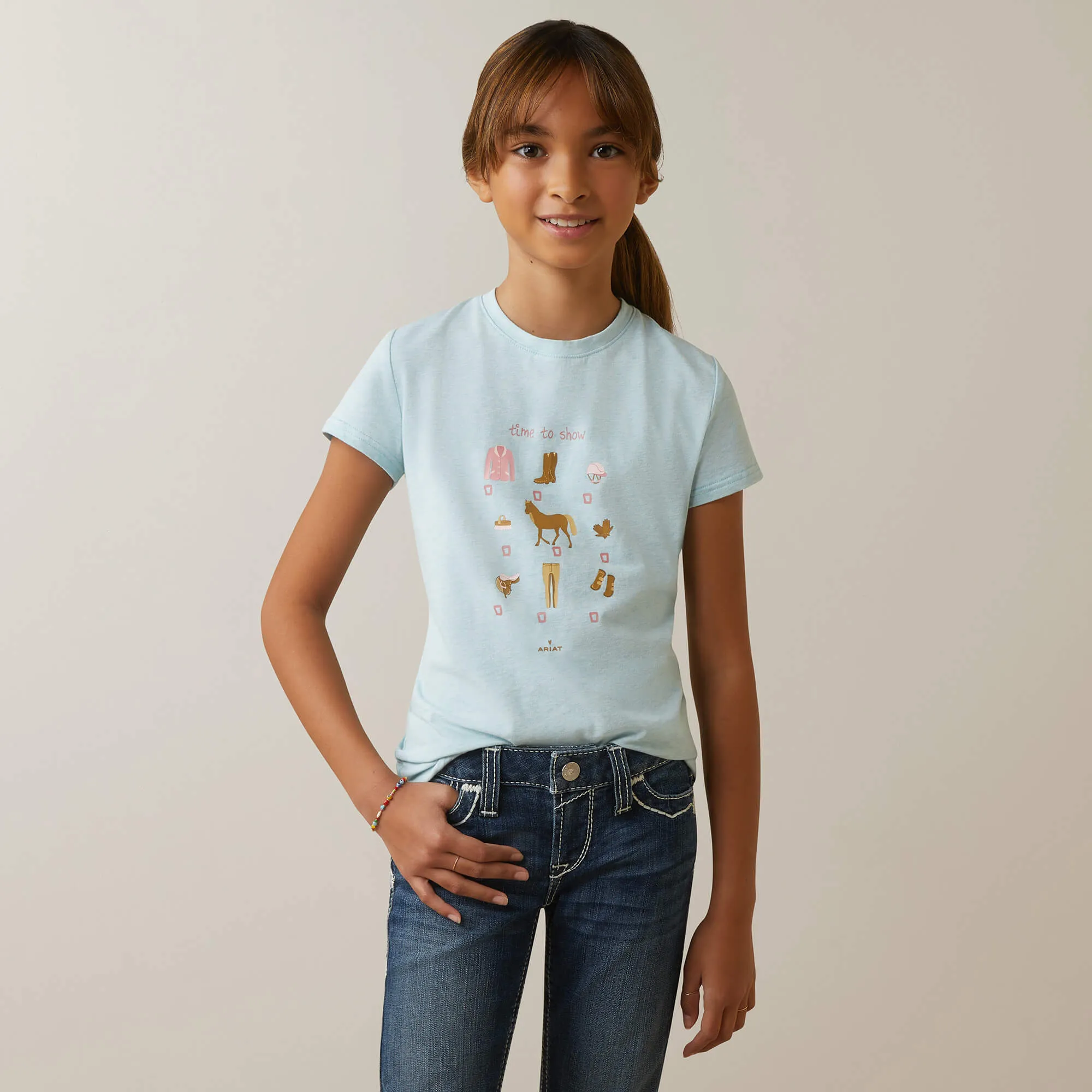 ARIAT GIRLS TIME TO SHOW TEE SHIRT - MOSAIC BLUE sold by Bridle Path Tack Shop