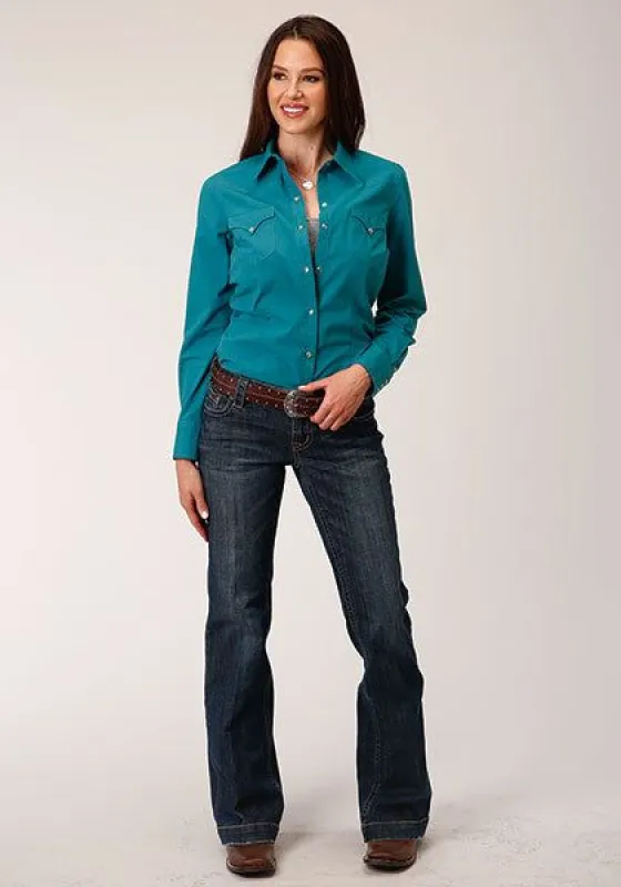 ROPER WOMENS SOLID POPLIN WESTERN SHIRT - DEEP TEAL sold by Bridle Path Tack Shop