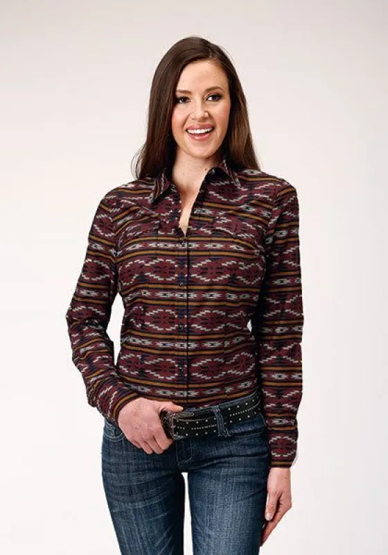 ROPER WOMENS RED AZTEC HORIZONTAL STRIPE WESTERN SHIRT sold by Bridle Path Tack Shop