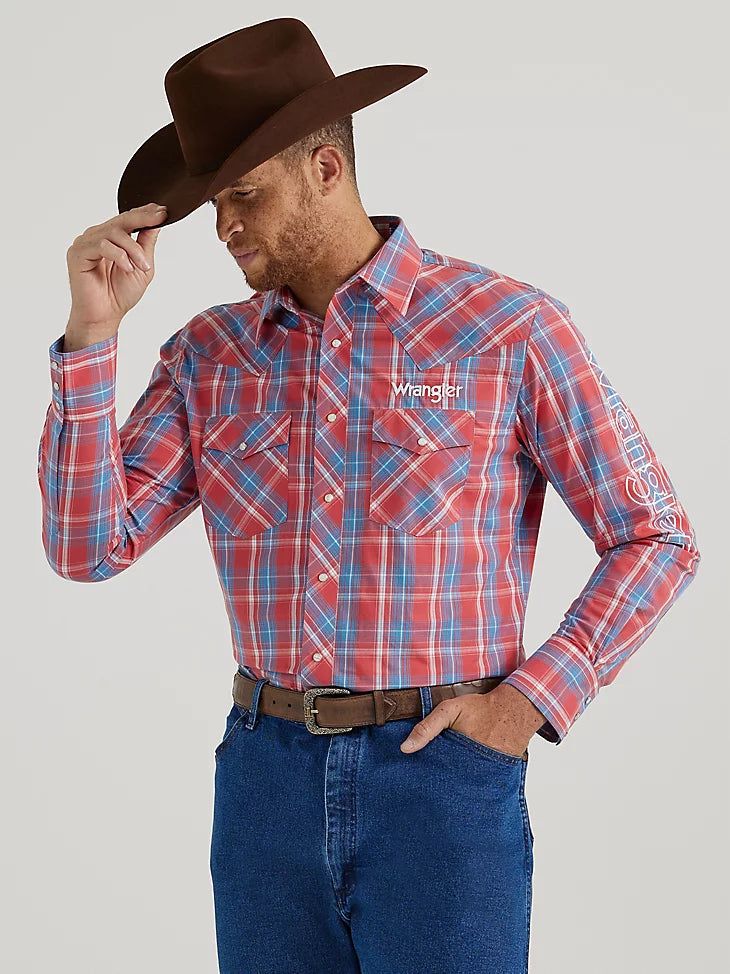 WRANGLER MENS LOGO SNAP SHIRT - APPLE PLAID sold by Bridle Path Tack Shop