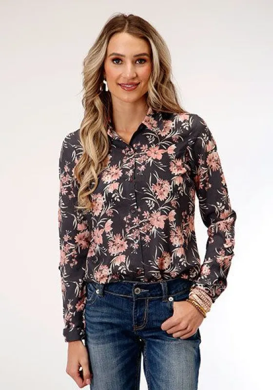 ROPER WOMENS CORAL FLORAL PRINT WESTERN SHIRT sold by Bridle Path Tack Shop