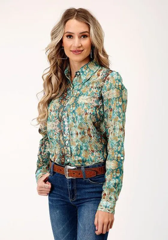 ROPER WOMENS POLY TEAL SNAKE PRINT WESTERN SHIRT sold by Bridle Path Tack Shop