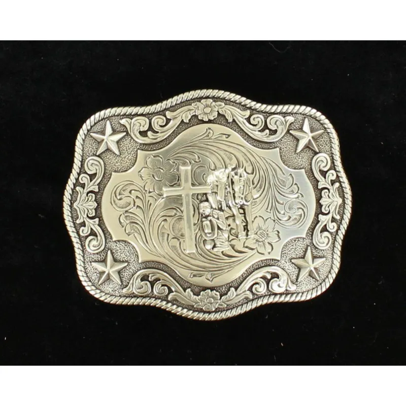 NOCONA MENS ANTIQUE SILVER BUCKLE STEER SKULL MOTIF OR COWBOY PRAYER MOTIF sold by Bridle Path Tack Shop