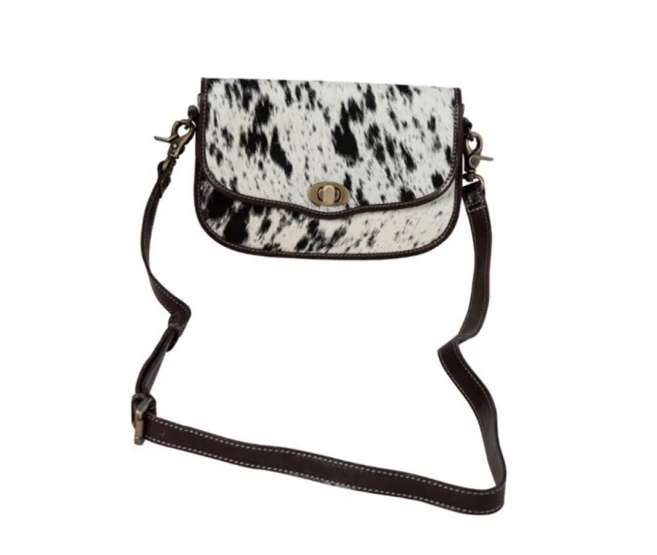 MYRA ANGUS RIDGE LEATHER & HAIRON BAG IN DARK HAIR ON HIDE sold by Bridle Path Tack Shop