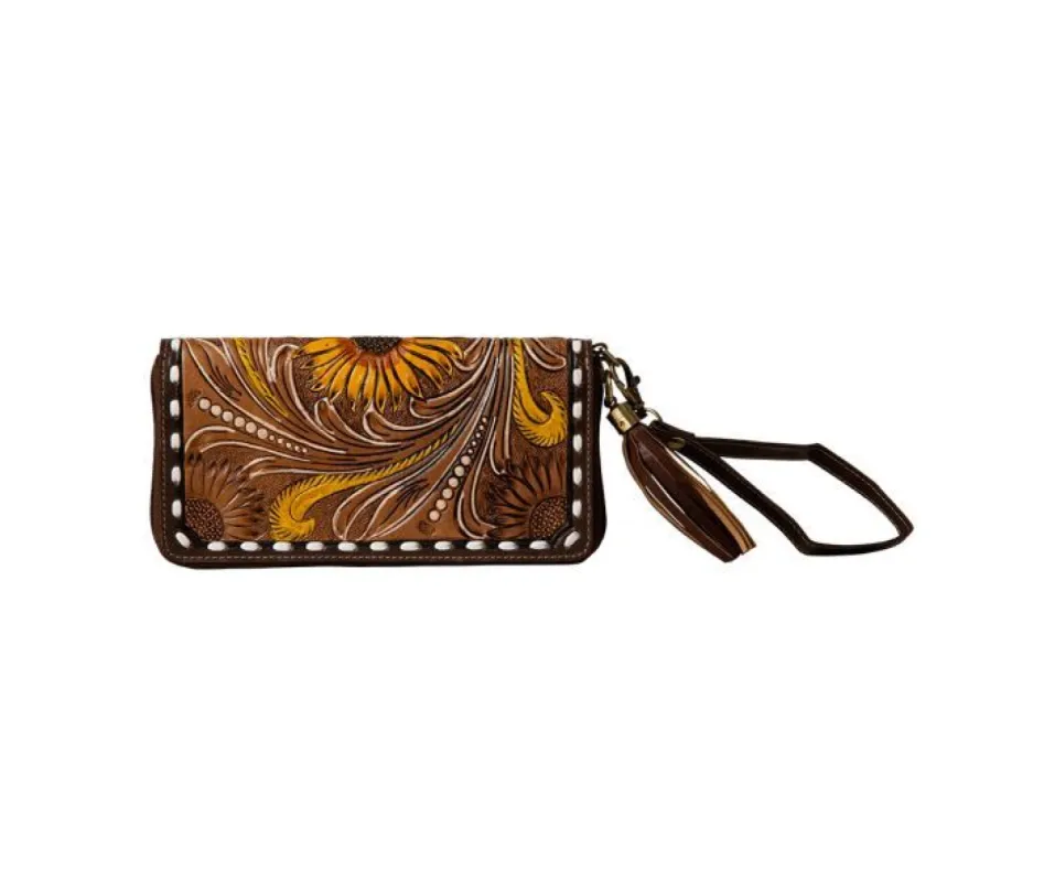 MYRA RADIANT SUNFLOWERS HAND TOOLED CLUTCH WALLET sold by Bridle Path Tack Shop