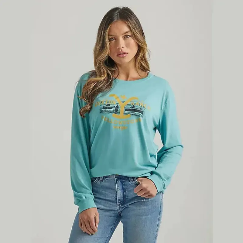 WRANGLER WOMENS LONG SLEEVE BOYFRIEND TEE  - BLUE sold by Bridle Path Tack Shop