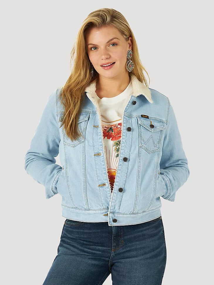 WRANGLER WOMENS RETRO SHERPA JEAN JACKET - BLEACHED DENIM sold by Bridle Path Tack Shop