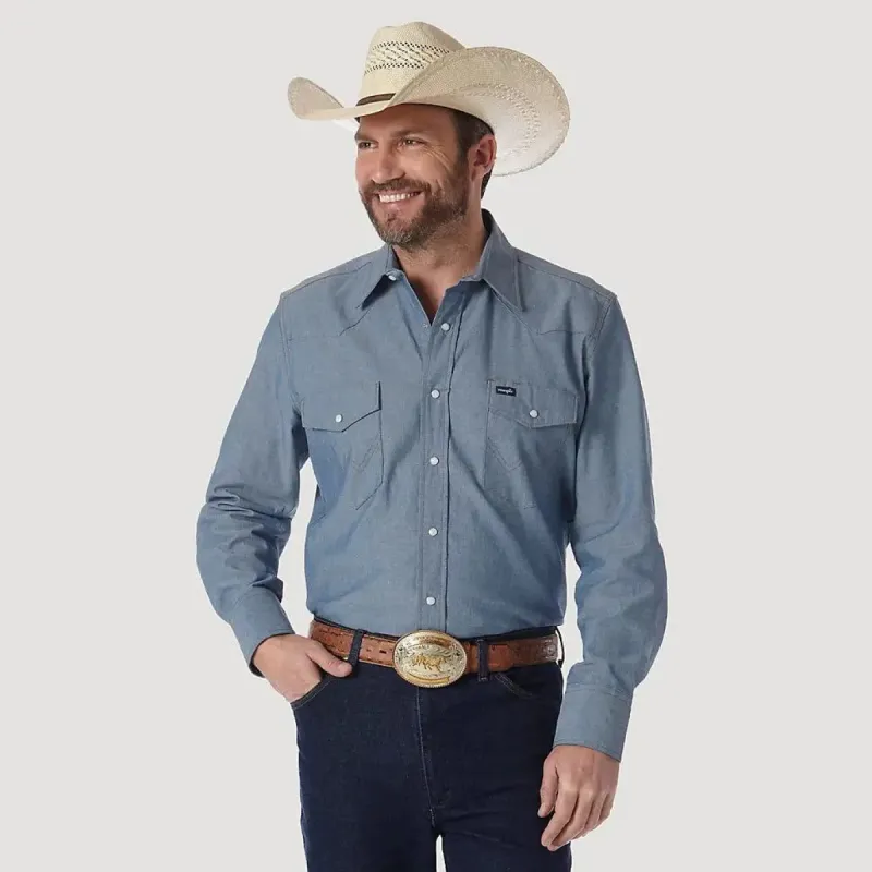 WRANGLER MEN WESTERN SNAP SHIRT - CHAMBRAY BLUE sold by Bridle Path Tack Shop