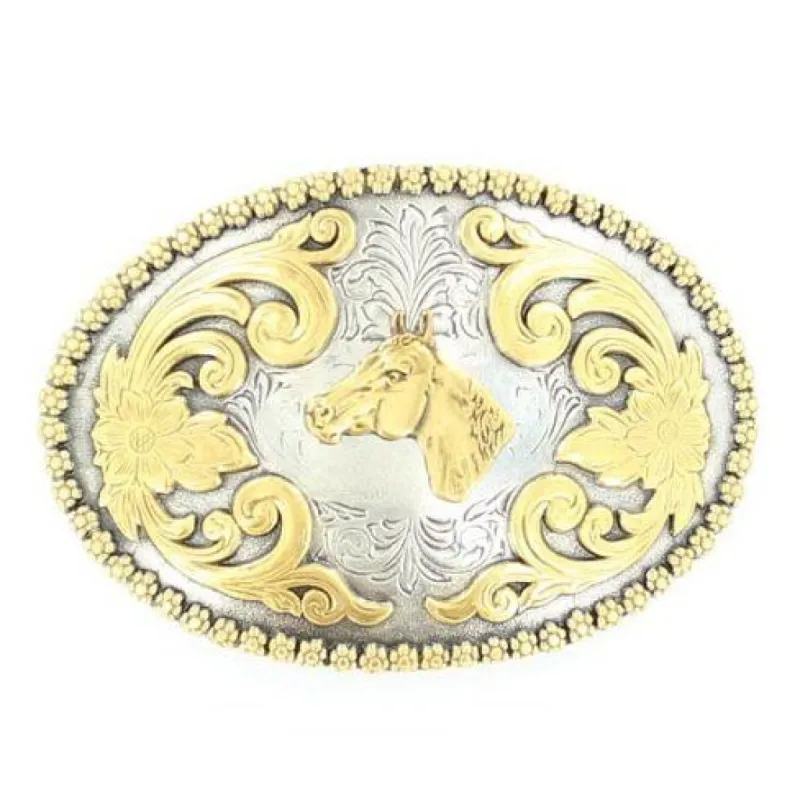NOCONA OVAL FLORAL EMBOSSED BELT BUCKLE sold by Bridle Path Tack Shop