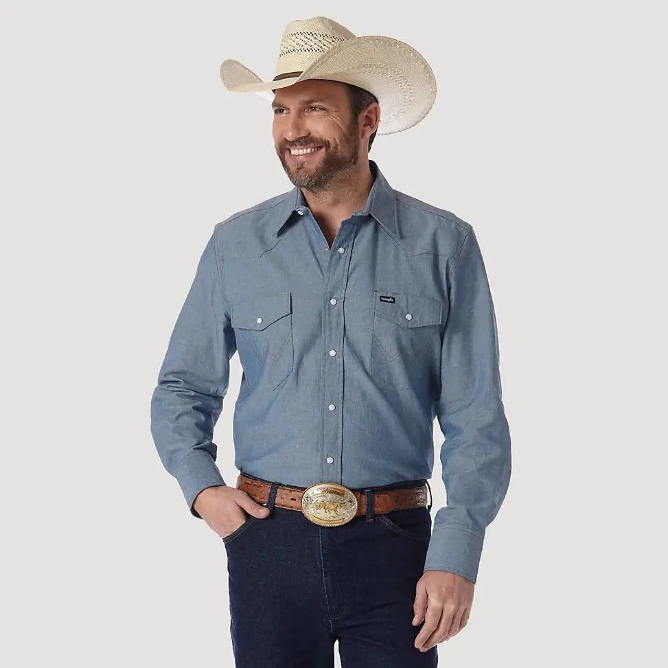 WRANGLER MEN WESTERN SNAP SHIRT - CHAMBRAY BLUE sold by Bridle Path Tack Shop