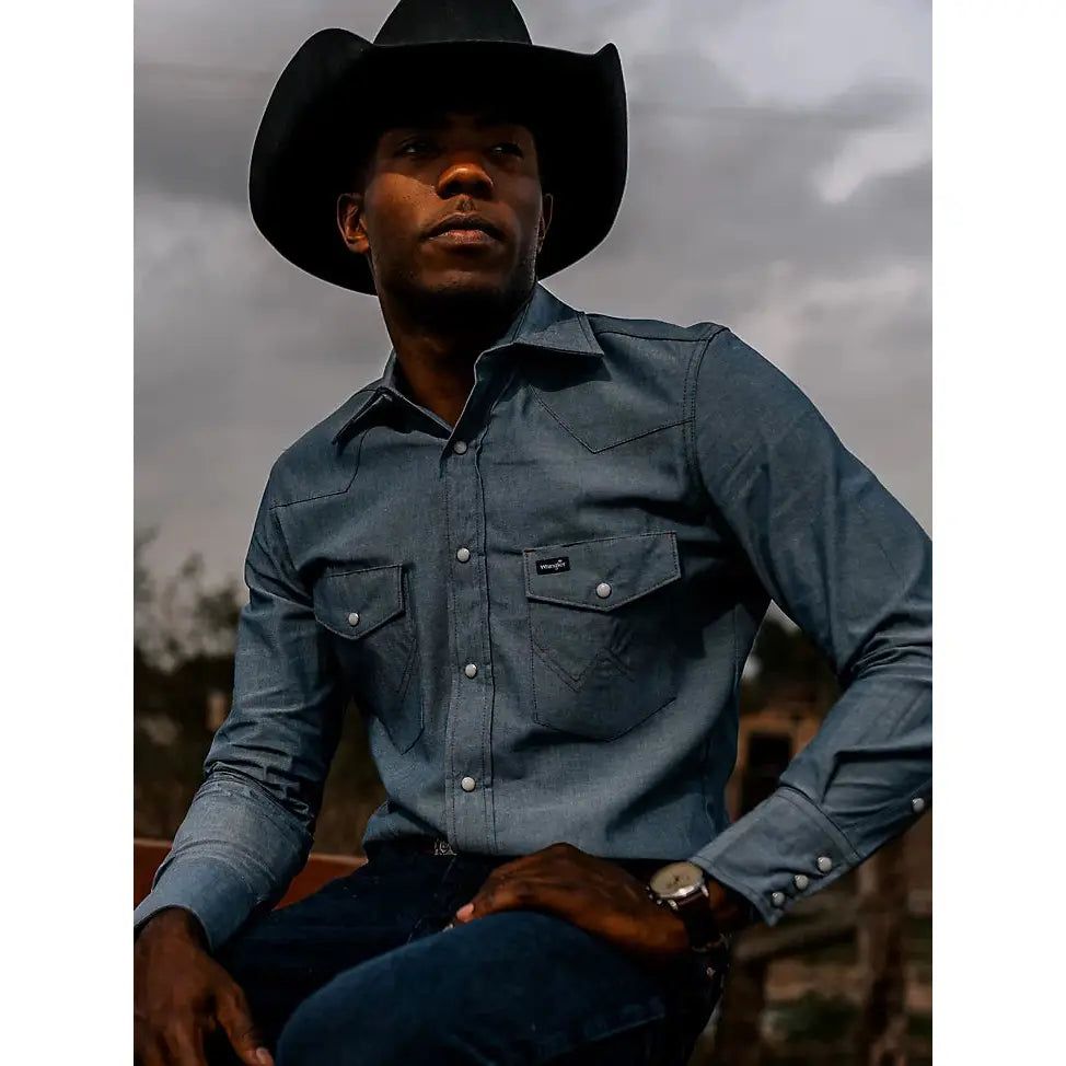 WRANGLER MEN WESTERN SNAP SHIRT - CHAMBRAY BLUE sold by Bridle Path Tack Shop product image thumbnail 3