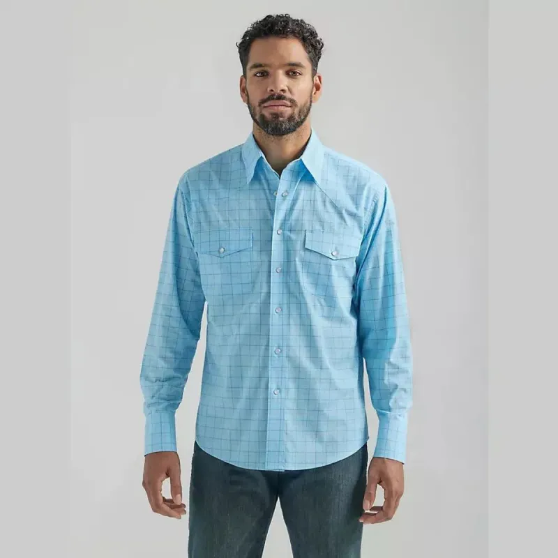 WRANGLER MENS WRINKLE RESIST SNAP SHIRT - BABY BLUE sold by Bridle Path Tack Shop