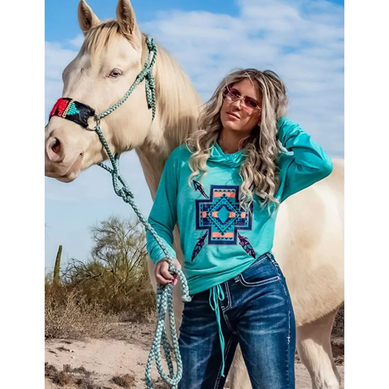 COWGIRL TUFF WOMENS PRINT SLUB COWL NECK LONG SLEEVE - TURQUOISE sold by Bridle Path Tack Shop