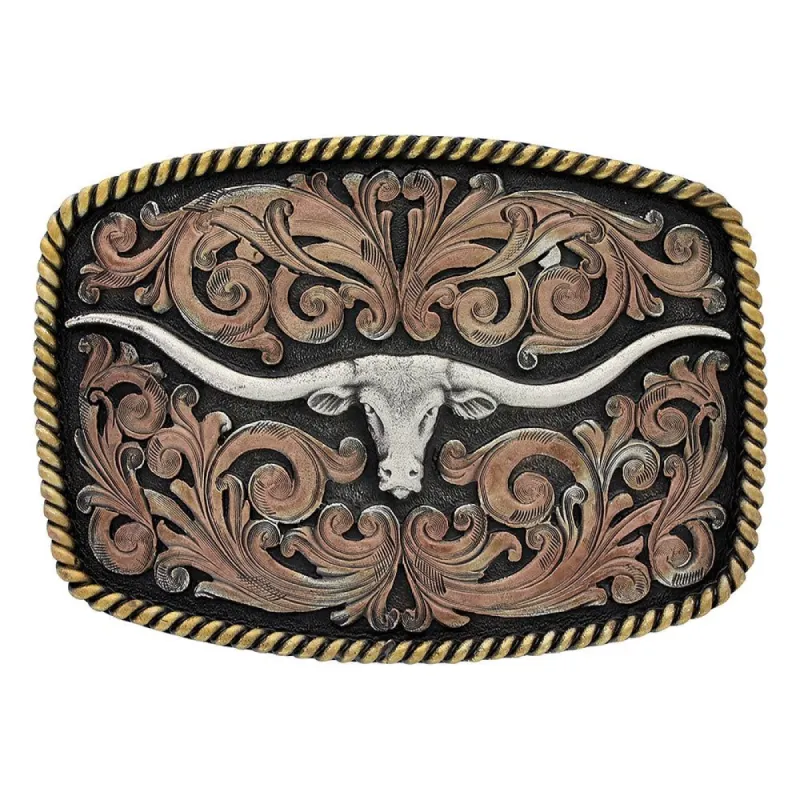 MONTANA ATTITUDE BUCKLE - TRI-COLOR TEXAS LONGHORN sold by Bridle Path Tack Shop