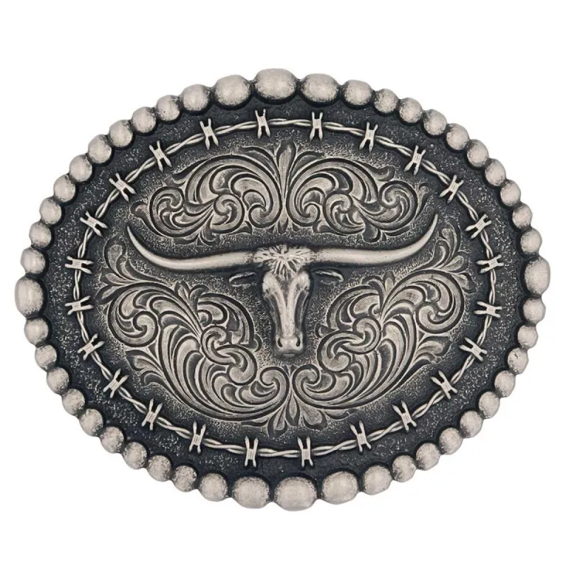 MONTANA ATTITUDE BUCKLE - RUSTIC BARBED WIRE LONGHORN sold by Bridle Path Tack Shop