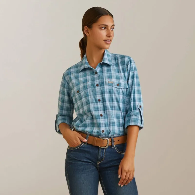 ARIAT WOMENS REBAR TOUGH DURASTRETCH WORK SHIRT- SKY PLAID sold by Bridle Path Tack Shop