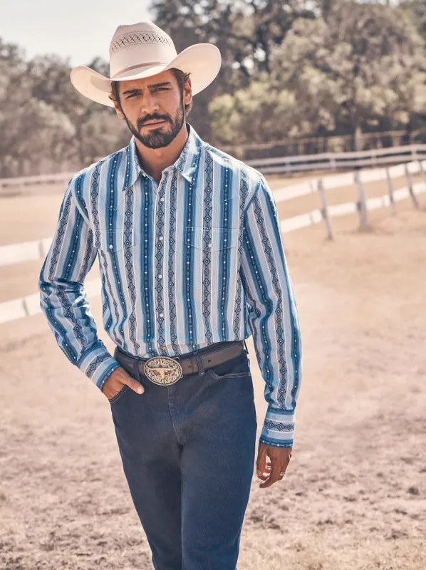 WRANGLER MENS CHECOTAH WESTERN SNAP PRINT SHIRT - RIVER BLUE sold by Bridle Path Tack Shop