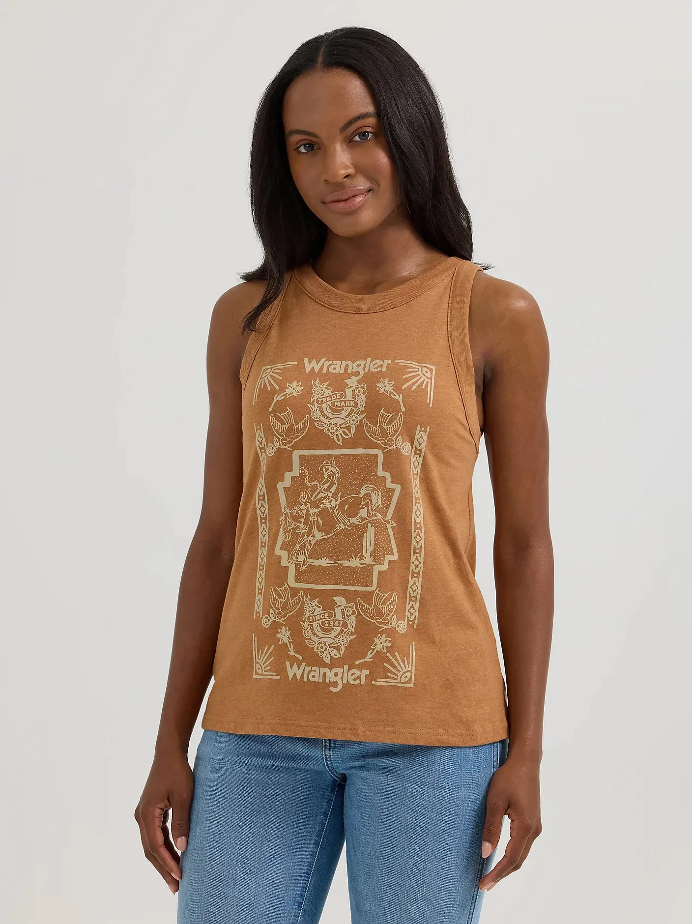 WRANGLER WOMENS WESTERN GRAPHIC GODDESS TANK - ARGAN OIL sold by Bridle Path Tack Shop