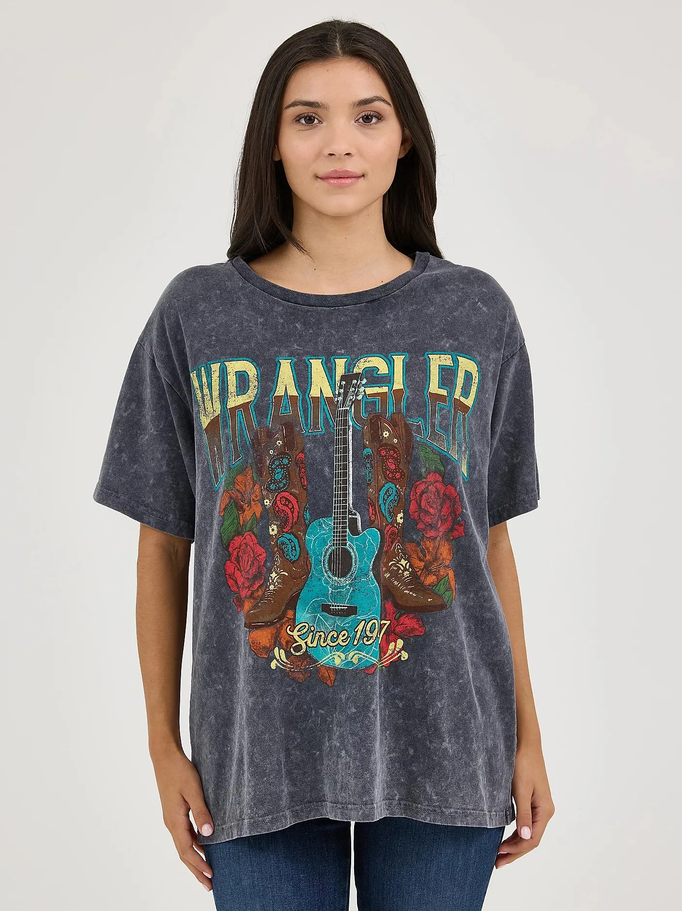 WRANGLER WOMENS ACID WASH GRAPHIC OVERSIZED TEE sold by Bridle Path Tack Shop