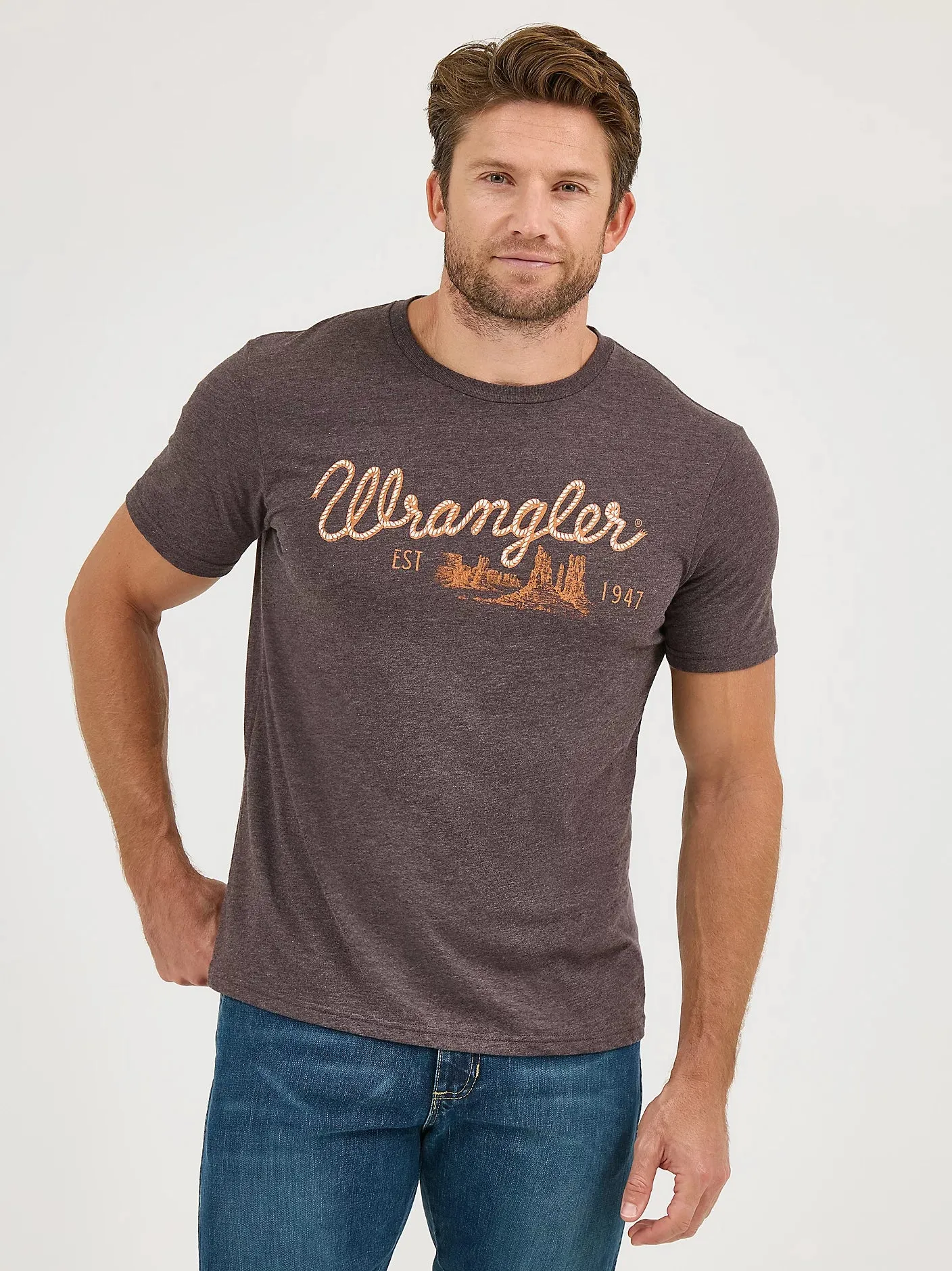 WRANGLER MENS ROPE EMBLEM GPAPHIC TEE - MOCHA LOGO sold by Bridle Path Tack Shop