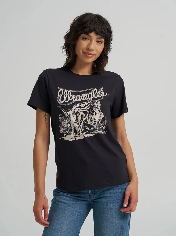 WRANGLER WOMENS NOSTALGIA LOGO REGULAR FIT TEE - BLACK BEAUTY sold by Bridle Path Tack Shop